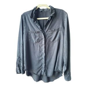 XL Velvet Heart Black Long Sleeve Button Up Shirt Raw Edge Button Up High Low